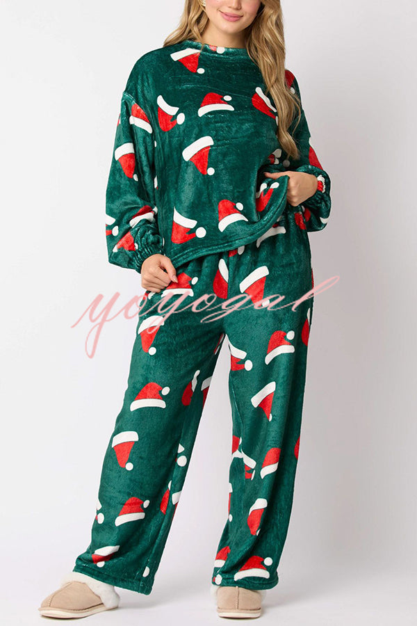 Christmas Printed Crew Neck Long Sleeve Top and Elastic Waist Loose Pants Set