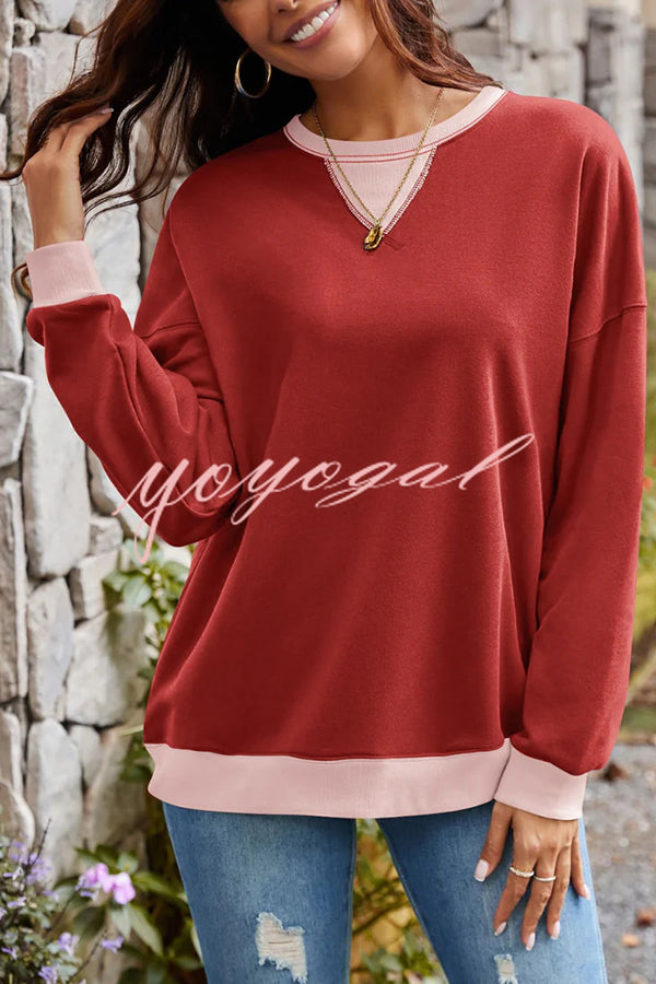 Fashionable Contrasting Color Loose Long-sleeved Casual Sweatshirt