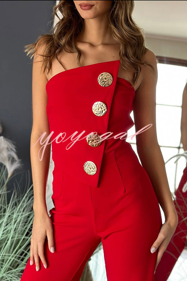 Solid Color Sexy Tube Top Gold Button Embellished Bootcut Jumpsuit