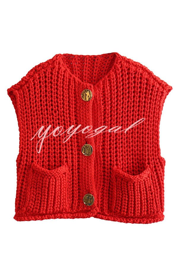 Solid Color Sleeveless Pocket Knitted Vest