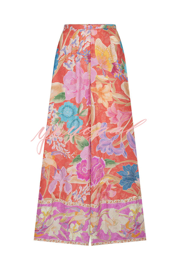 Painter's Garden Boho Floral Print  Elastic Waist Pocketed Wide Leg Pants