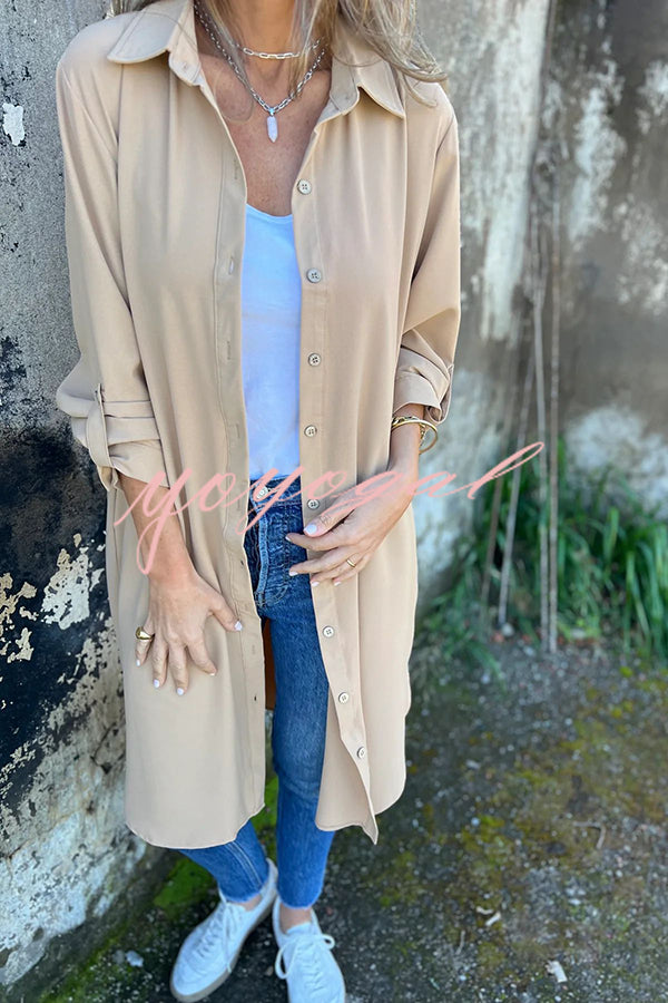 Solid Color Lapel Long Sleeve Button Casual Long Shirt