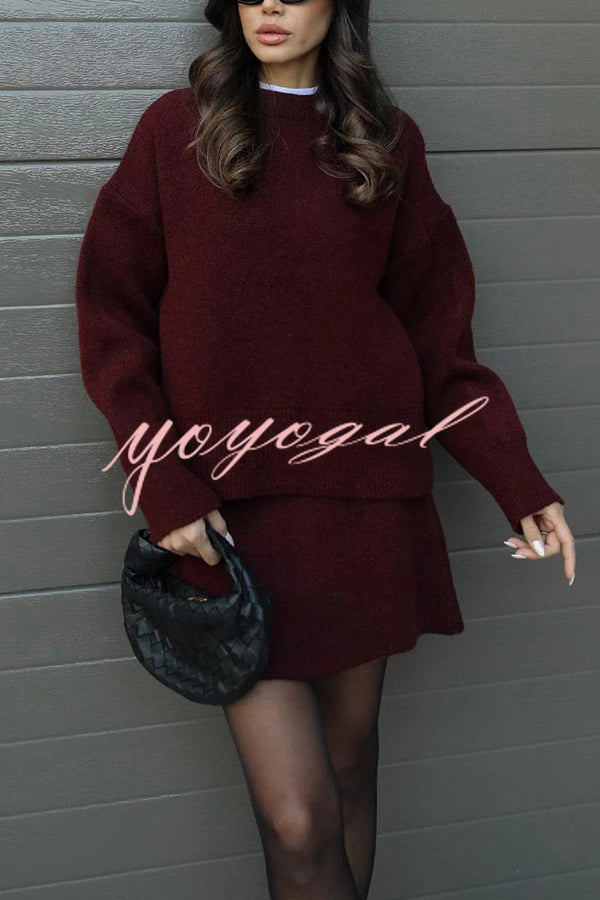 Solid Color Casual Preppy Knit Top and Knit Stretch Mini Skirt Set