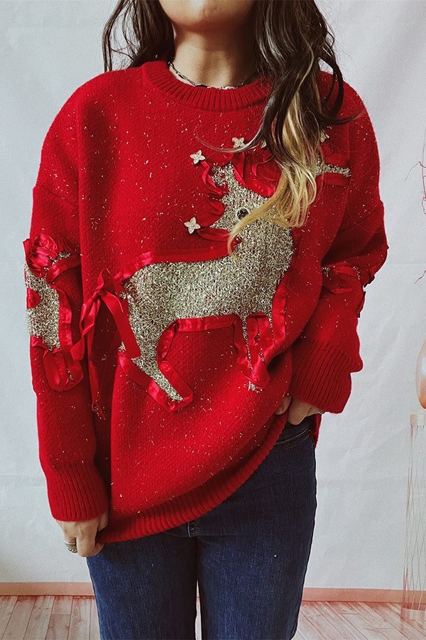 Christmas Pattern Knitted Crew Neck Long Sleeved Sweate