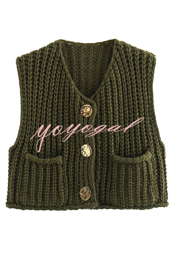 Solid Color Sleeveless Pocket Knitted Vest