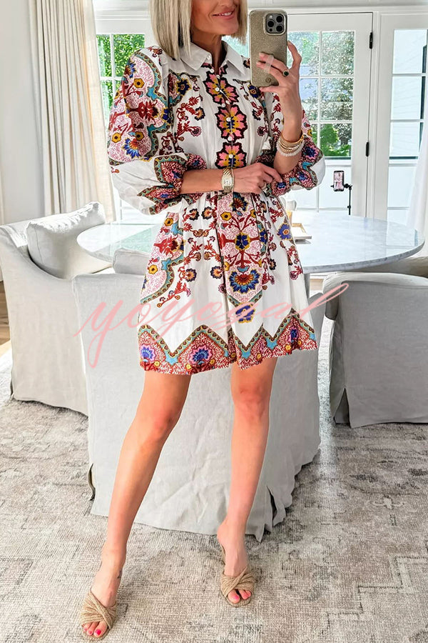 Fun and Vibrant Linen Blend Unique Print Puff Sleeve Pocketed Shirt Mini Dress