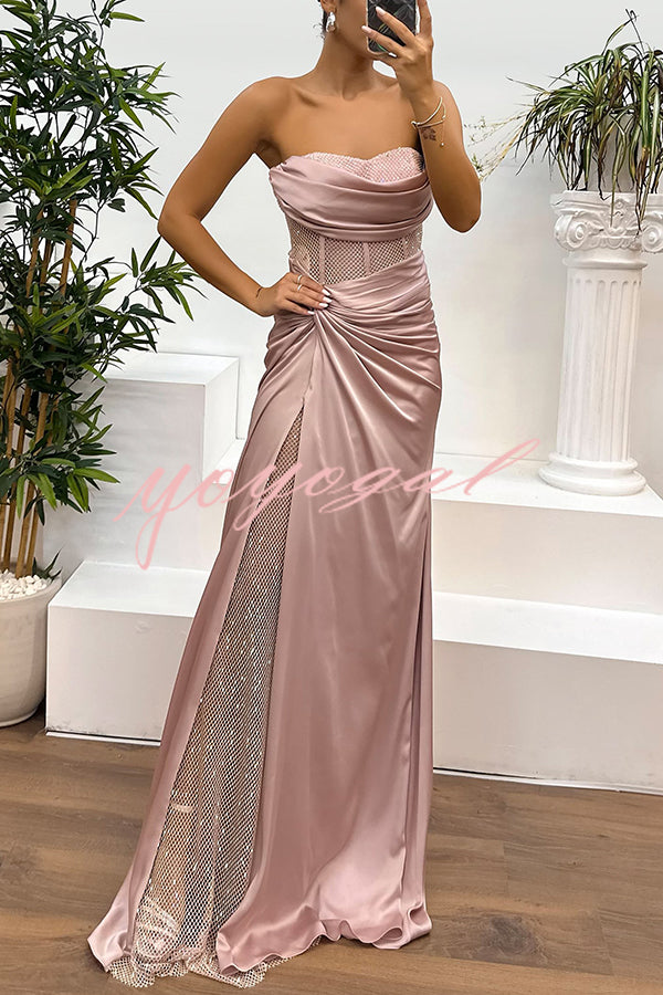 Audrey Satin Paneled Mesh Sequin Fabric Off Shoulder Ruched Drape Maxi Dress