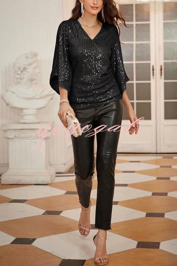 Solid Color Sequined V-neck Hollow Sleeve Slim Fit Top