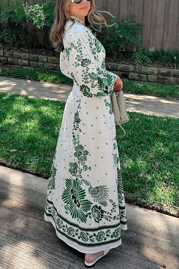 Forest Soul Unique Print Button Down Long Sleeve Shirt Maxi Dress