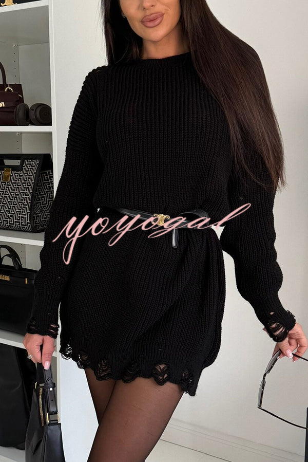 Solid Color Loose Ripped Knitted Mid-length Sweater