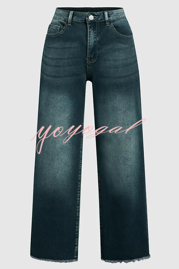 Stylish Raw-edge Mid-rise Pocket Stretch Straight-leg Jeans