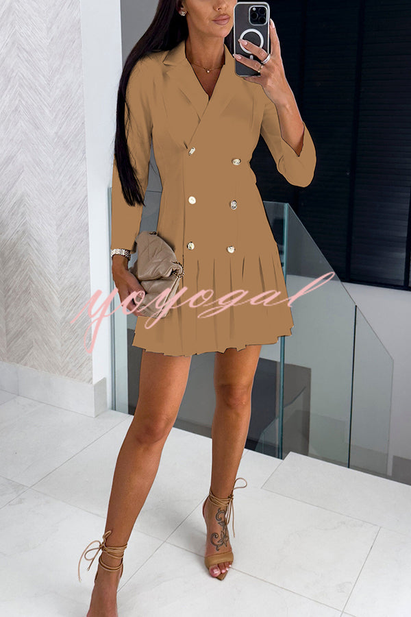 Kayleen Metal Button Down Solid Color Long Sleeve Pleated Blazer Mini Dress