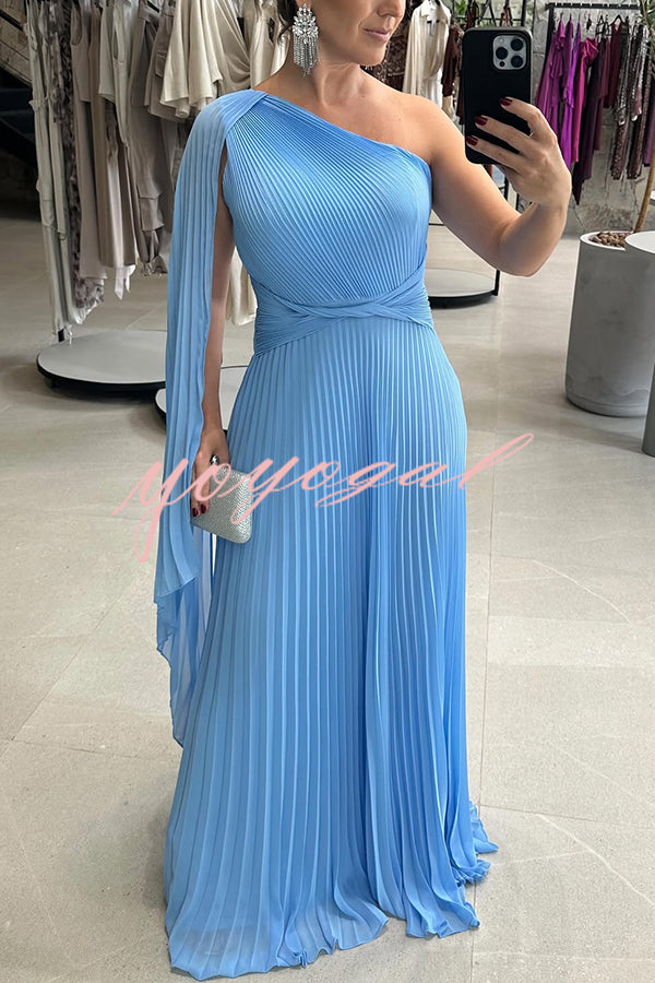 Kate Pleated One Shoulder Drape Sleeve Twist Waist Maxi Dress