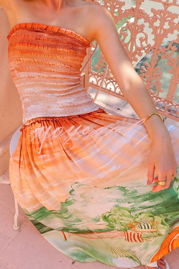 Fairy Tale Town Sunset Unique Print Off Shoulder Smocked Maxi Dress