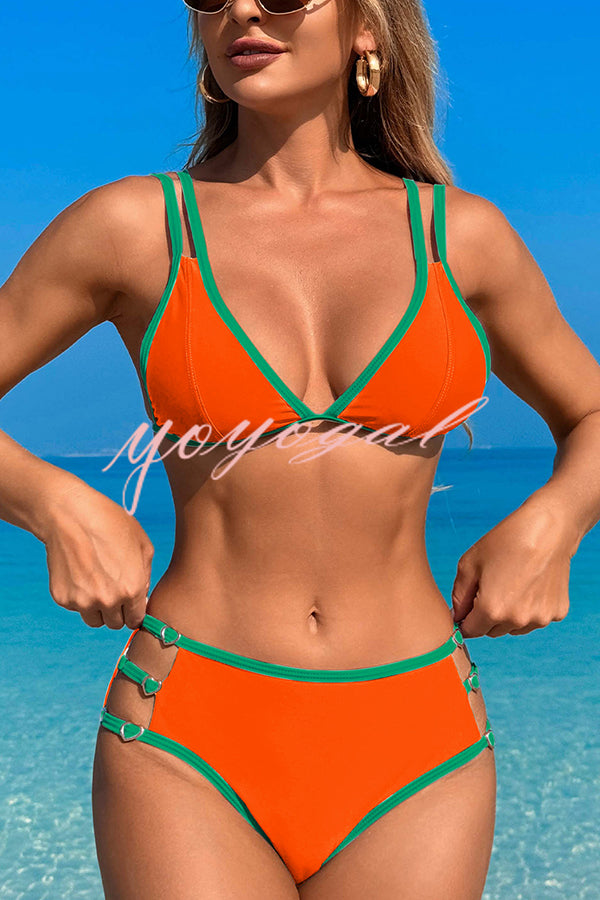 Contrast Color Lace-up Stretch Two-piece Bikini Swimsuit