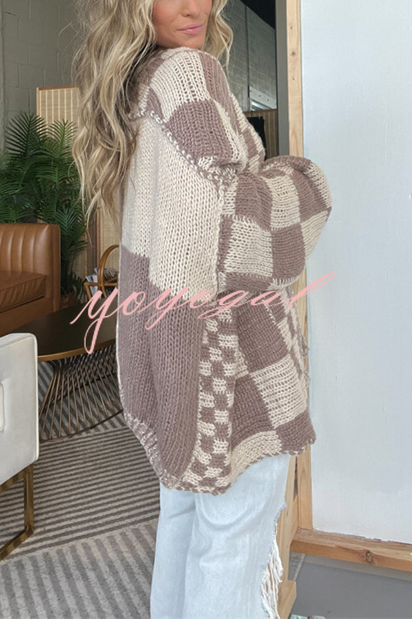 Casual Plaid Mid-length Loose Knitted Outerwear