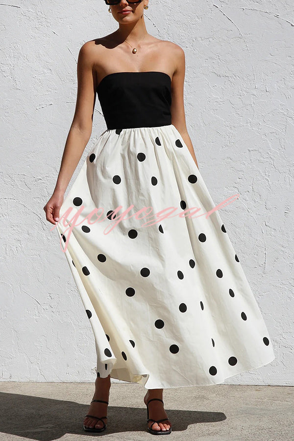 Polka Dot Print Off-shoulder Contrast Color Maxi Dress