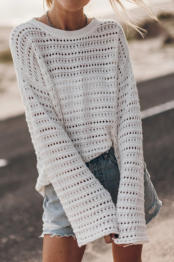 Living Easy Knit Bell Sleeve Hollow Out Relaxed Top