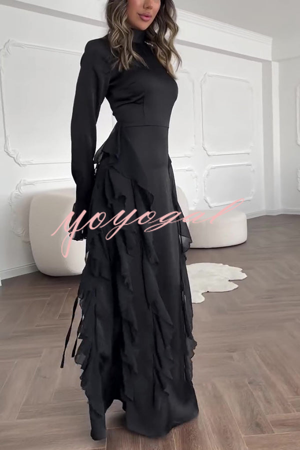 Cline Solid Color High Neck Long Sleeve Elegant Ruffles Maxi Dress