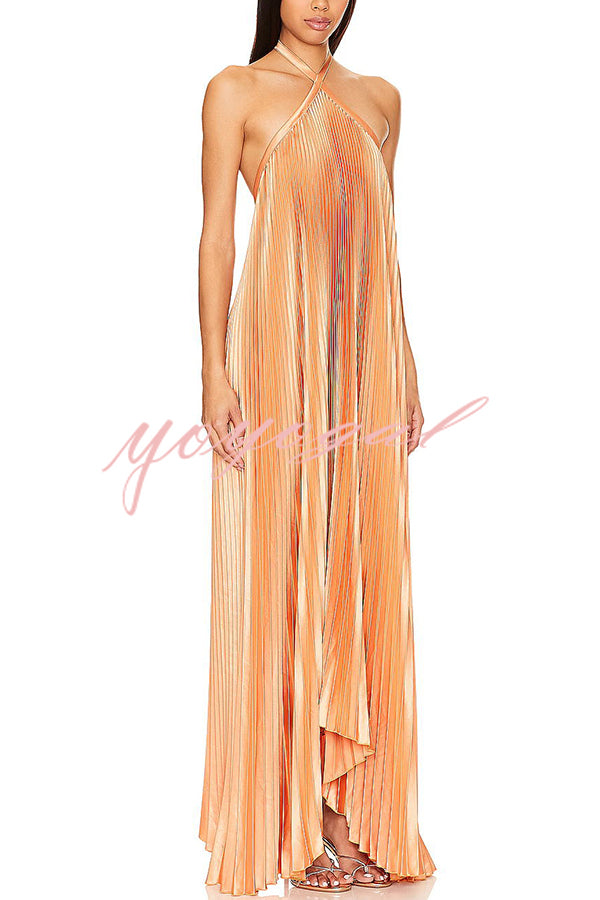 Luxurious Atmosphere Satin Halter Neck Backless A-line Gown Maxi Dress