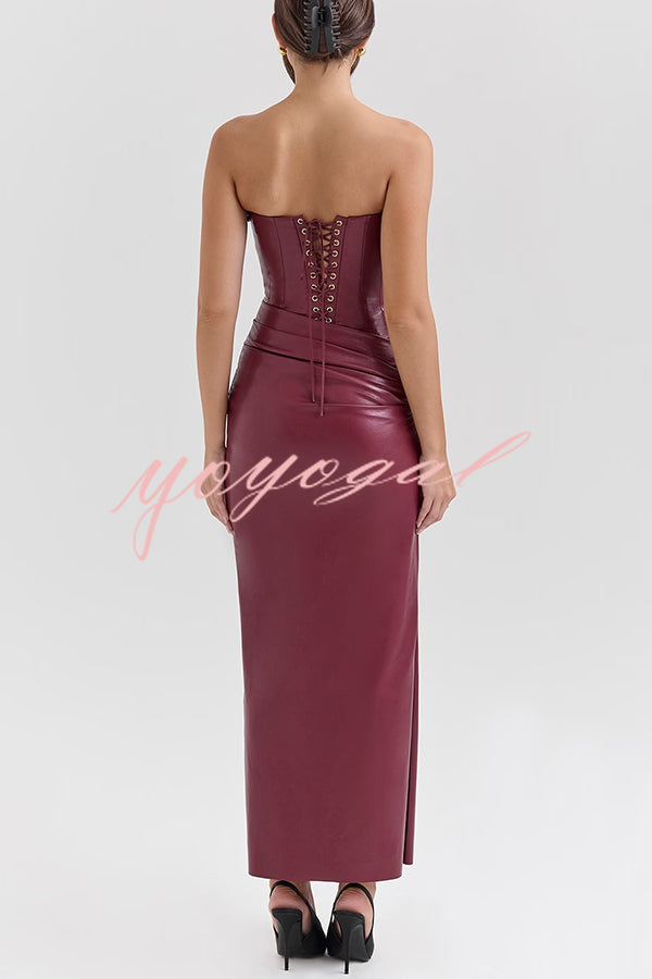 Charm Redefined Faux Leather Off Shoulder Back Lace-up Stretch Maxi Dress