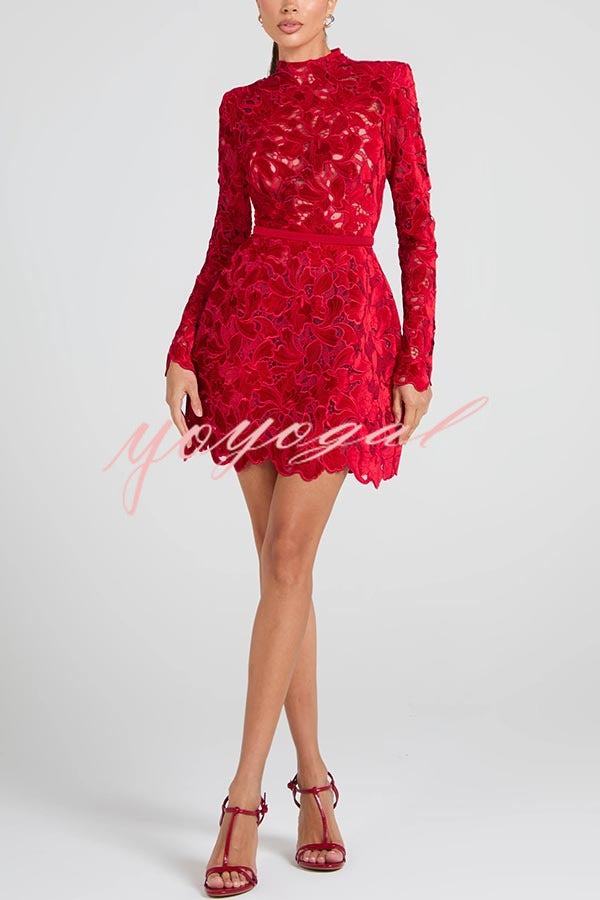 Lydia Embroidered Floral Lace Long Sleeve Belt Tulip Shaped Mini Dress