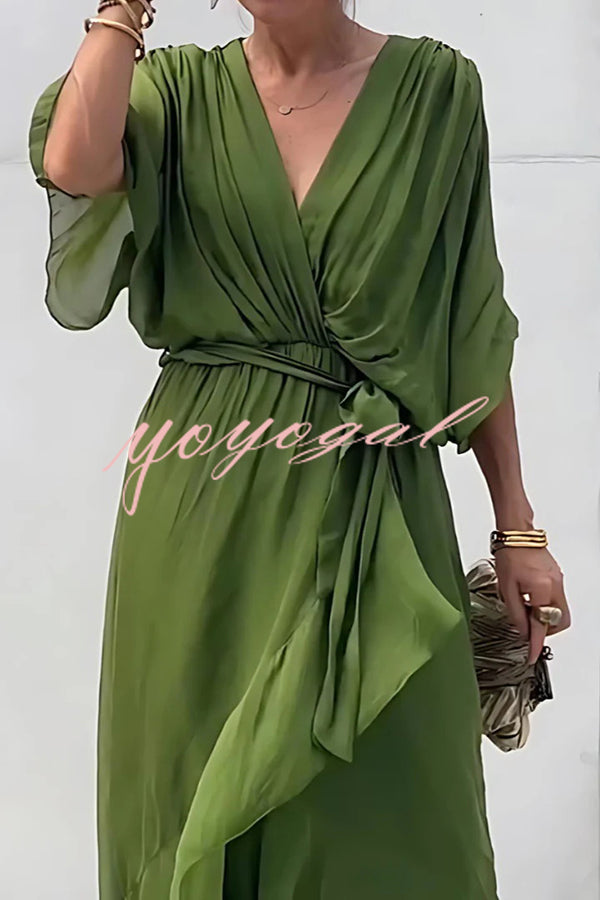 Solid Color V-neck Bat Sleeve Lace-up Irregular Hem Midi Dress