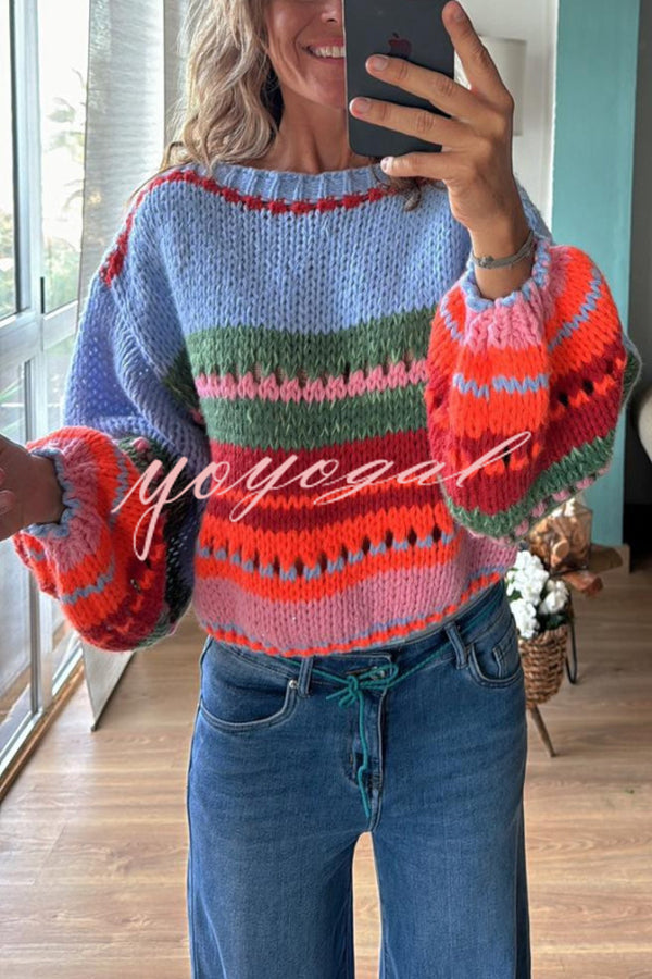 Rainbow Mood Multicolor Round Neck Hollow Long Sleeve Knitted Sweater