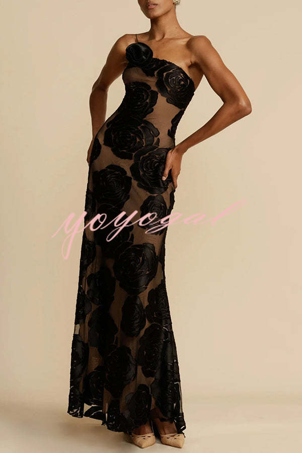 Timeless Elegance and Sexy Floral Print Asymmetrical Neckline Maxi Dress