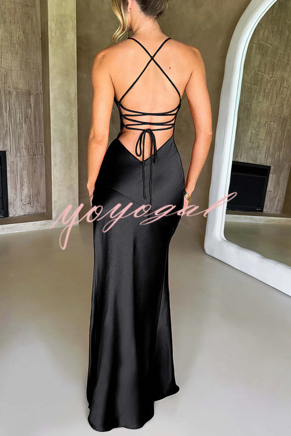 Satin Solid Color Sexy Backless Lace Up High Slit Maxi Dress