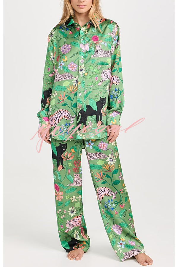 Quiet Jungle Satin Unique Print Long Sleeve Shirt and Elastic Waist Pocket Lounge Pants Set