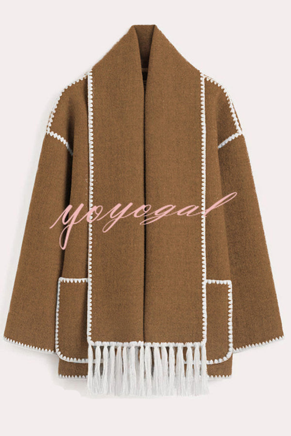 Stylish Loose Pocket Long Sleeve Coat and Warm Fringed Scarf