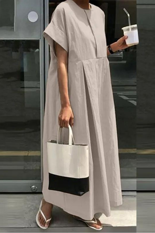 Linen Blend Loose Crew Neck Casual Maxi Dress