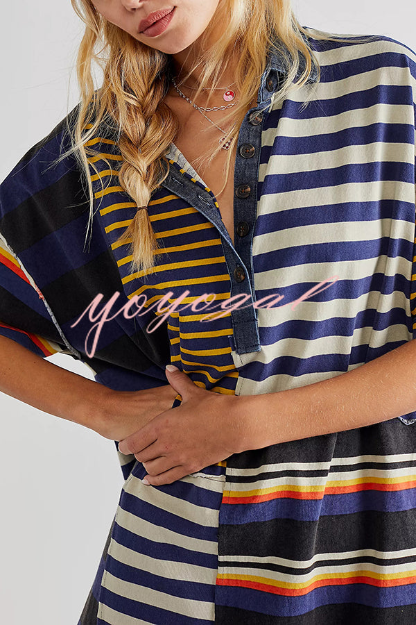 Contrast Striped Patchwork Denim Lapel Loose Casual Mini Dress