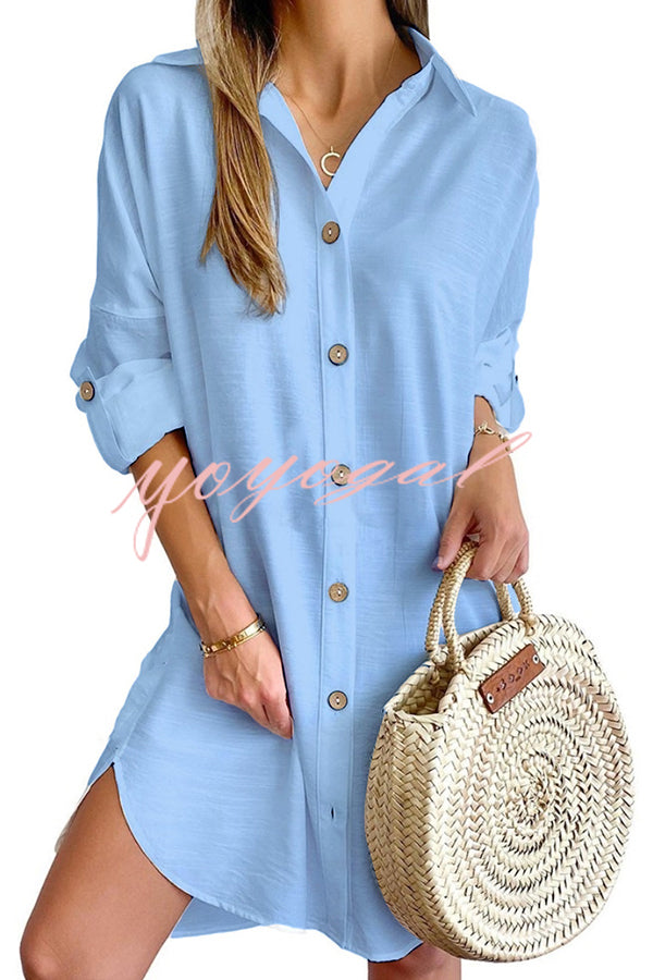 Solid Color Casual Button-Down Shirt Style Mini Dress