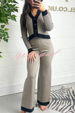 Fashionable Knit Colorblock Long Sleeve Cardigan and Elastic Waist Loose Stretch Pants Set