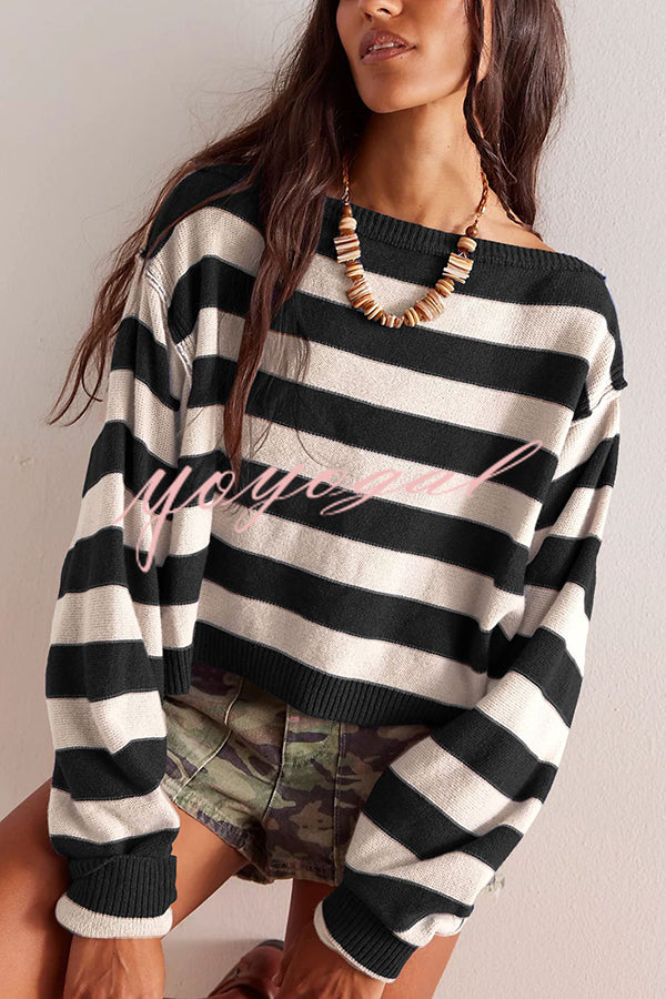 Striped Print Crew Neck Long Sleeve Loose Knitted Sweater