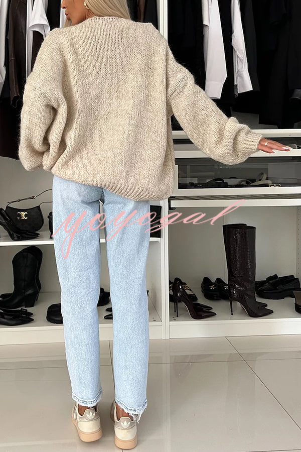 Explore Autumn Knit Open Front Long Balloon Sleeve Loose Cardigan