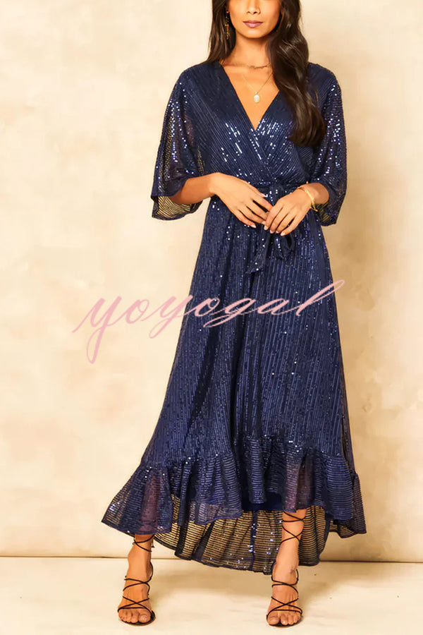 Solid Color Sequined V-neck Waist Tie Loose Maxi Dress