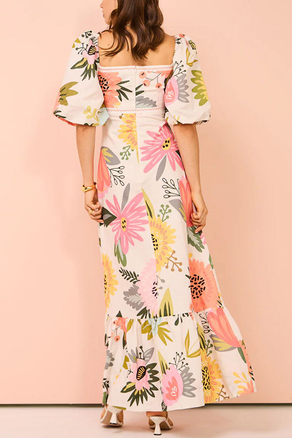 Looking for Sunshine Floral Print Square Neck Bubble Sleeve Maxi Dress