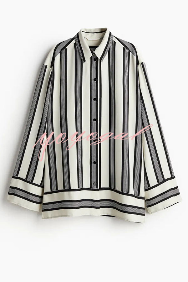 Lifetime of Happiness Striped Long Sleeve Loose Shirt and Elastic Waist Pocket Pants Set