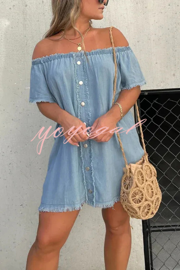 Fashionable Off Shoulder Short-sleeved Loose Denim Mini Dress