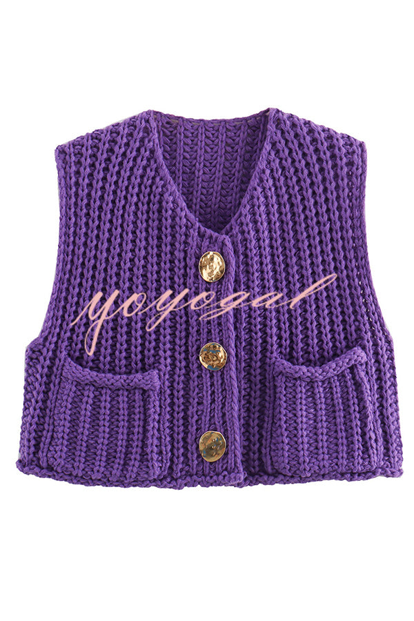 Solid Color Sleeveless Pocket Knitted Vest