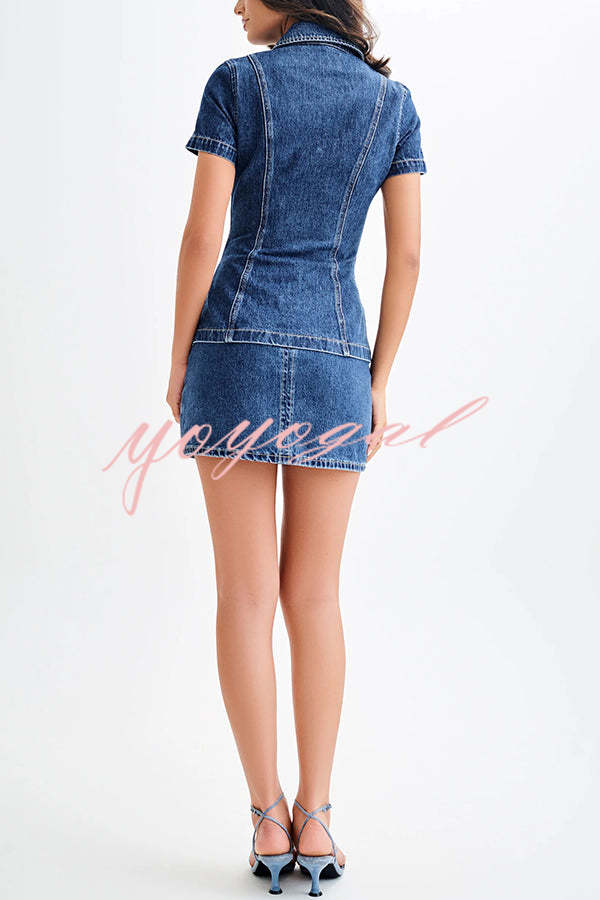 Modern Flavor Denim Short Sleeve Button Up Princess Seams Stretch Top