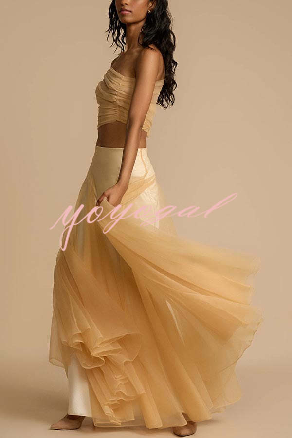 Romance Factor Satin Patchwork Tulle High Rise Elastic Waist A-line Maxi Skirt