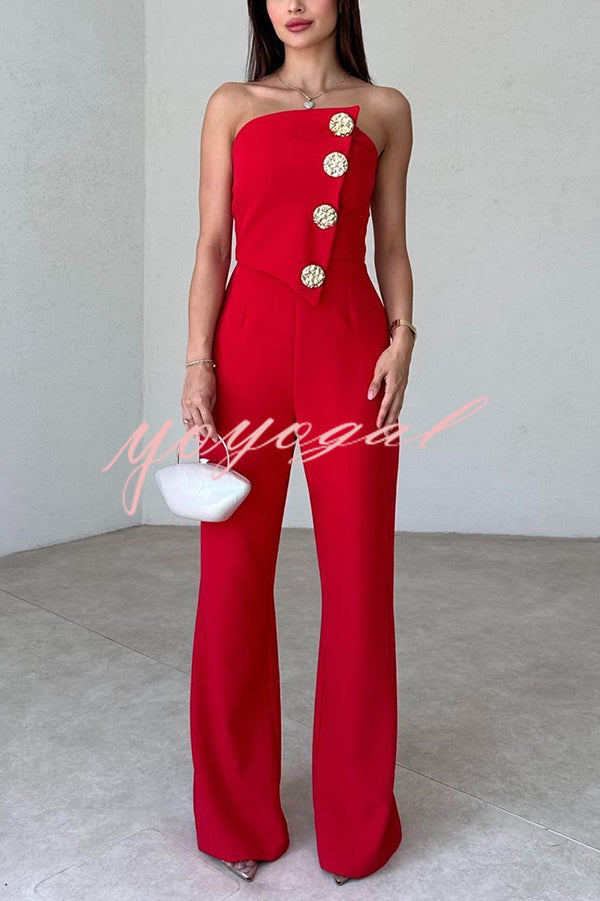 Solid Color Sexy Tube Top Gold Button Embellished Bootcut Jumpsuit