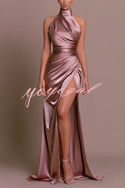 Satin Sexy Halter Neck Sleeveless High Slit Slim Maxi Dress