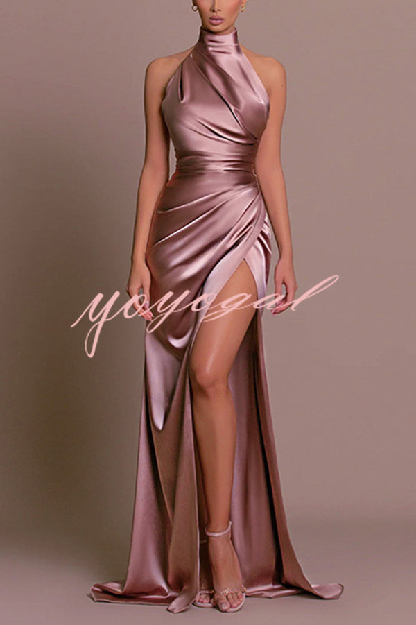 Satin Sexy Halter Neck Sleeveless High Slit Slim Maxi Dress