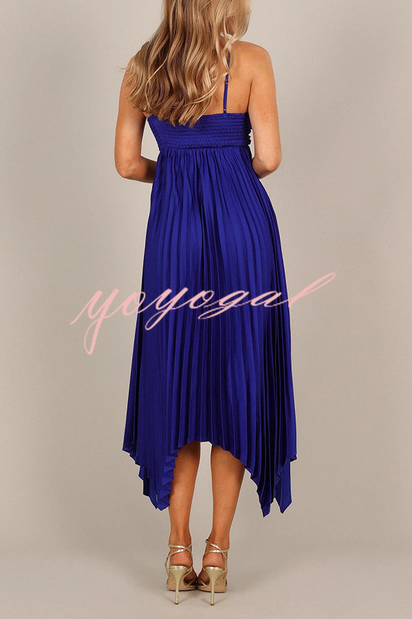 Solid Color Sexy Suspender Pleated Irregular Midi Dress