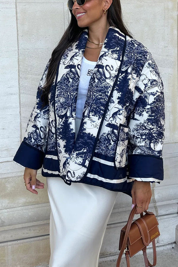 Romantic Songs Porcelain Ink Printed Pocket Quilted Cotton Kimono Jacket